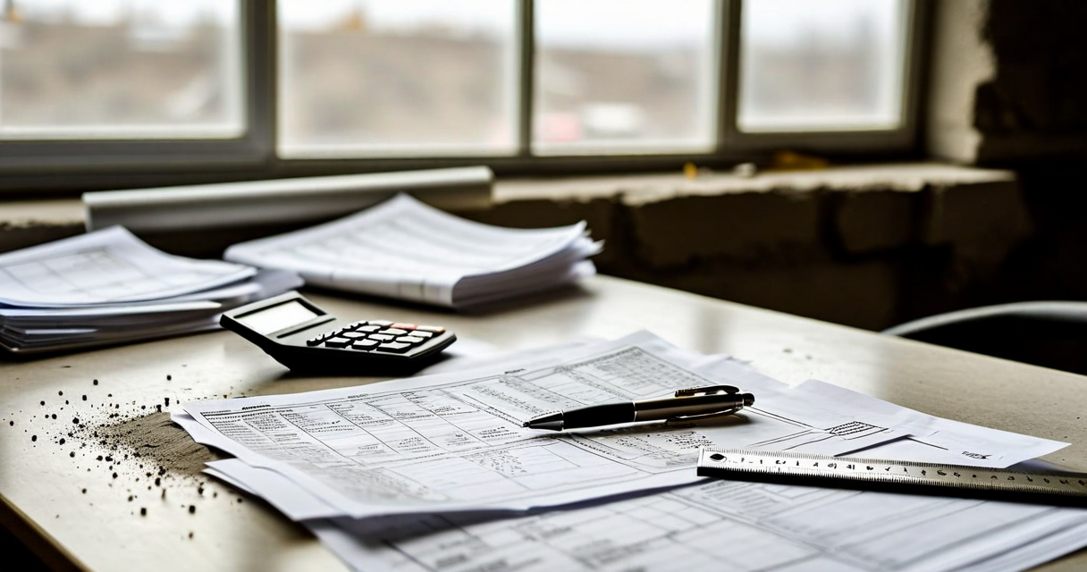 Invoice documents and calculator on construction site desk