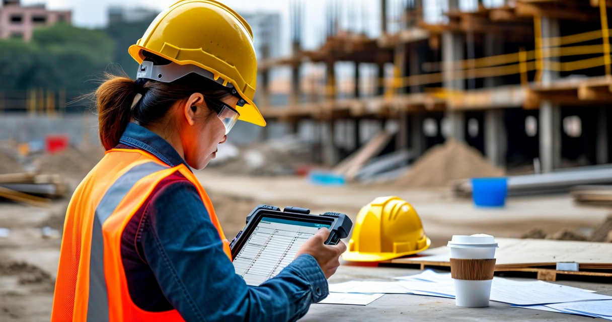 Foreman reviewing procurement checklist on tablet at construction site